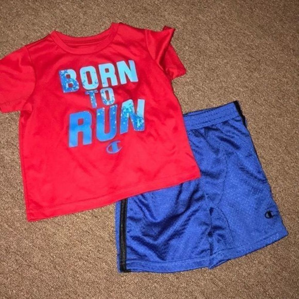 Champion Kids Red Tee with Blue 'Born to Run' Graphic & Royal Blue Shorts